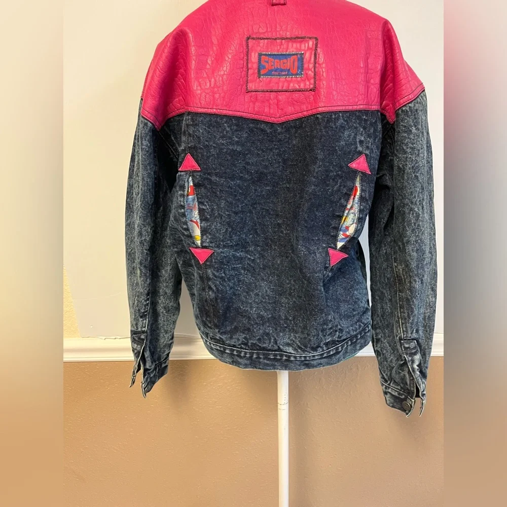 Vintage Sergio of New‎ York Acid Wash Denim Jacket | Pink Leather Yoke Size 9/10